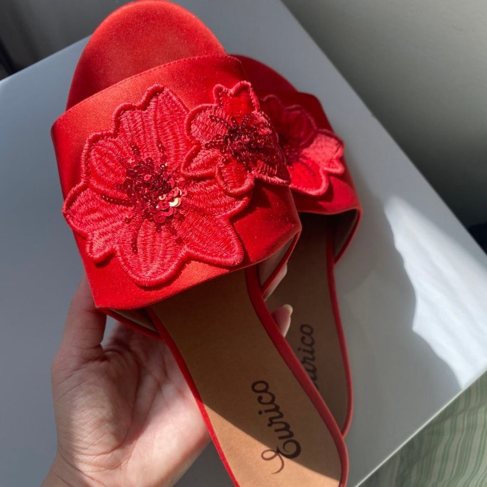 Red silk satin embellished slides in 12